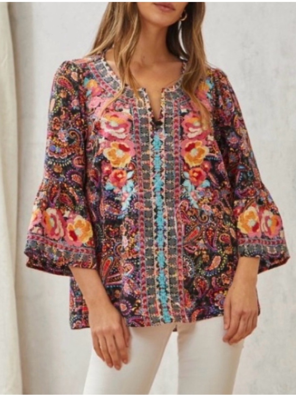 Savanna Jane Boho Floral Embroidered Top Wide Bell Sleeves Festival Vibes SZ LG